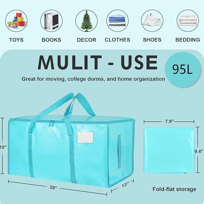 8 Pack-Extra Large Heavy Duty Moving Bags - Waterproof Storage Totes with Handles & Zippers, Foldable for College Dorm, Storage (lake blue)