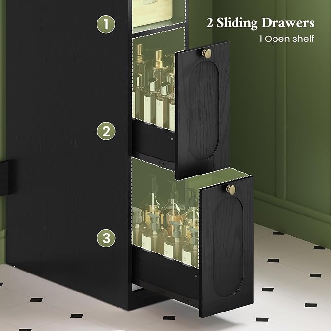 7-Tier L-Shaped Wooden Over the Toilet Storage Cabinet with Doors, Modern Over Toilet Bathroom Organizer Shelf with 2 Large Drawers, Bathroom Over Toilets Storage Cabinet, Space Saver, Black