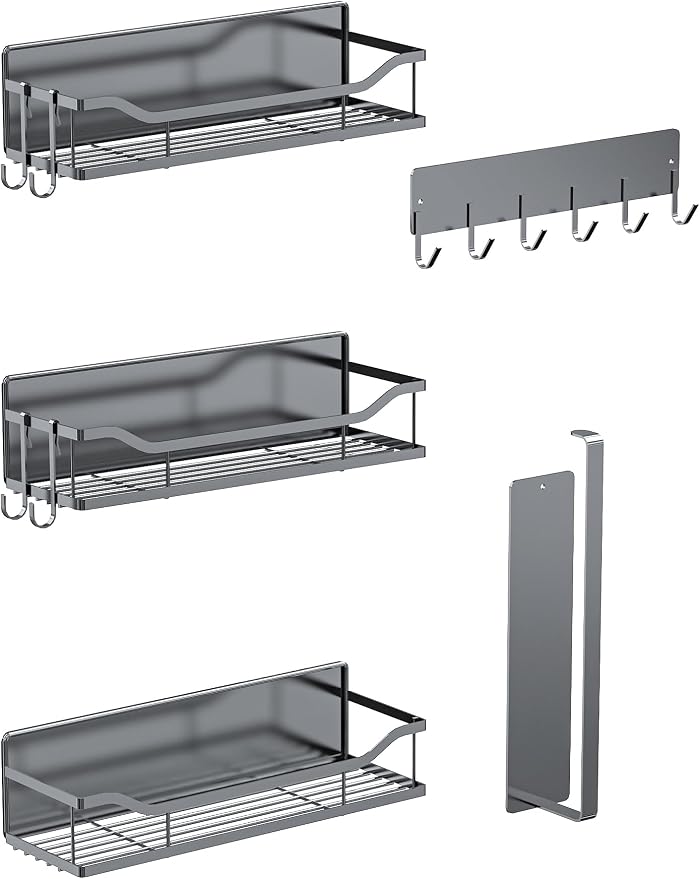Multifunctional Magnetic Shelf for Washing Machine, Refrigerator, Microwave, and Any Metal Surface, Powerful Magnetic Shelves Include Magnetic Paper Towel Holder, Unique Hollow Design (5 pcs - Grey)