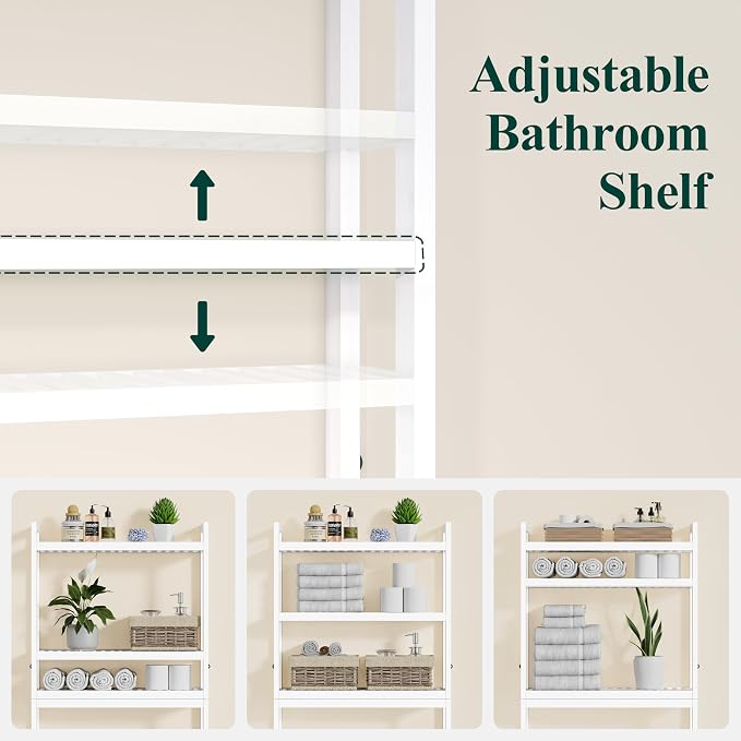Smiry Over The Toilet Storage Cabinet, 3-Tier Bamboo Bathroom Organizers with Adjustable Shelf & 4 Hooks, Space Saving Shelf Rack for Bathrooms, Laundry Room, Balcony, White