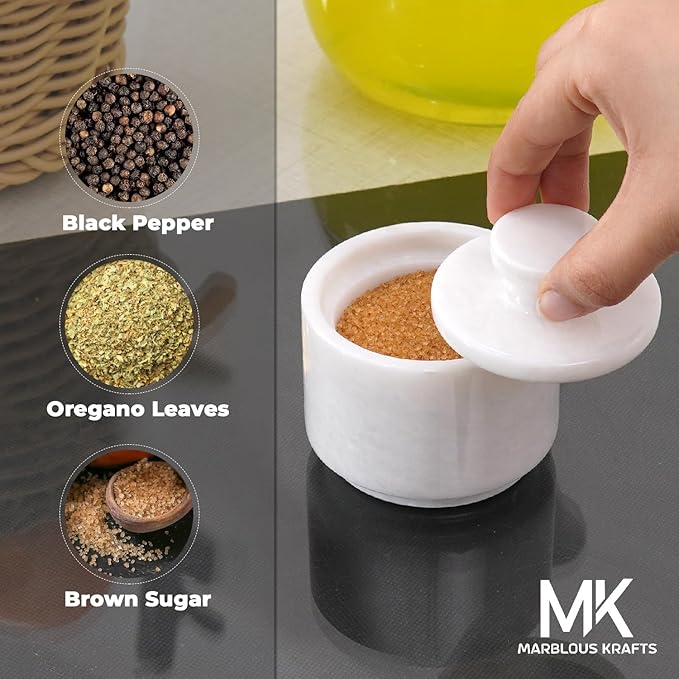 MARBLOUS KRAFTS Marble Salt Cellar with Lid 3" White Salt Box, Stone Salt Container & Spice Jars, Stone Salt Holder for Counter, Spice Jar & Salt Jar