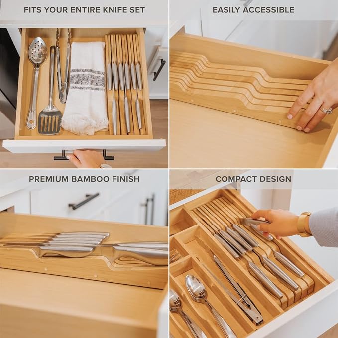 KitchenEdge In-Drawer Knife Block Holder, 11 Slots, Bamboo | Fits most knife sizes, rubber feet, food-safe finish