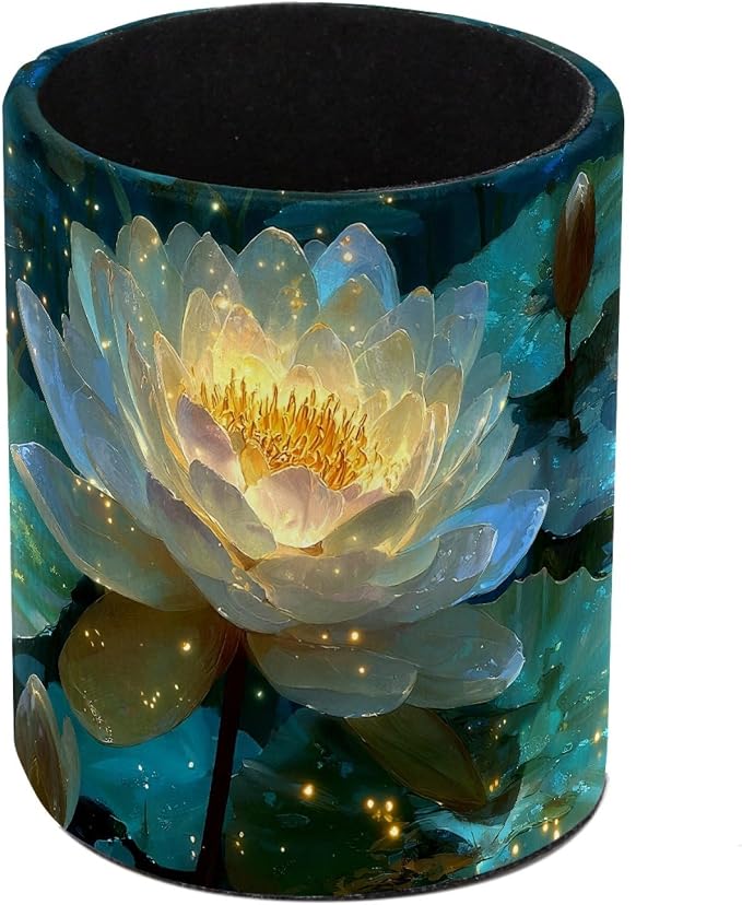Leather Pen Holder for Desk, Water Lilies Pencil Cup Pen Organizer Makeup Brush Holder for Office Home Kids Countertop Desk Accessory Storage