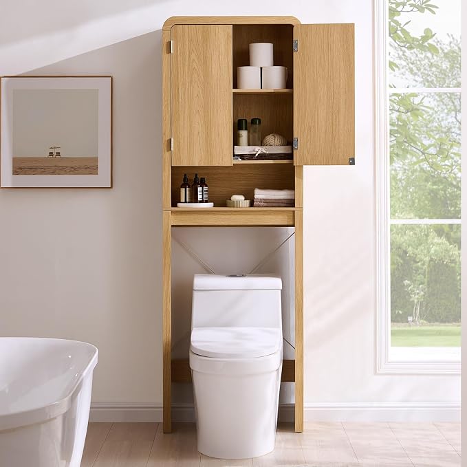 Over the Toilet Storage Cabinet, 69.69" Curved Bathroom Storage Organizer Cabinet with Doors and Adjustable Shelves, Wooden Free Standing Toilet Space Saver Rack, Natural
