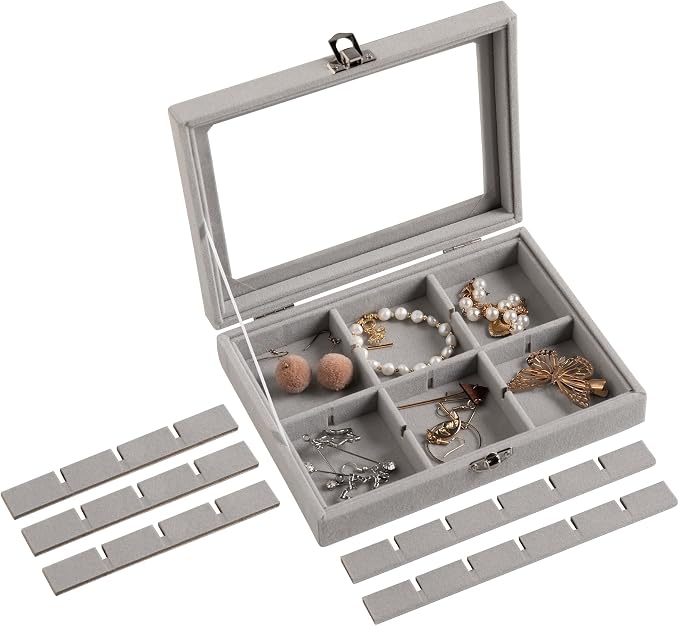 Frebeauty 24 Grid Earring Organizer,Small Velvet Jewelry Tray with Lid | Portable Jewelry Box for Rings Stud,Velvet Lining for Protecting Jewelry,Adjustable Dividers,Glass Lid for Clear Review