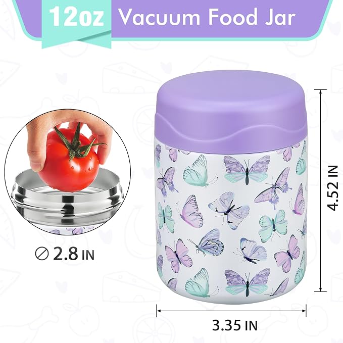wiwens 12oz Soup Thermo for Hot Food Kids Insulated Food Jar Wide Mouth Lunch Container Leak Proof Stainless Steel Vacuum Bento Box for School Office Travel Outdoors White-Butterfly