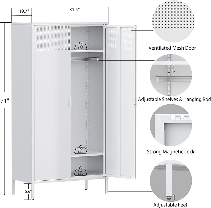 Ustamio 71 Inches White Metal Wardrobe Cabinet with Hanging Rod, Metal Armoire Wardrobe Closet with Doors for Bedroom, Office, Laundry Room and Changing Room, Metal Locker Cabinet