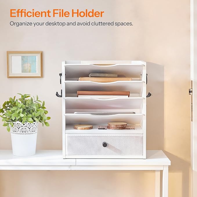 HOOBRO Wall File Organizer, Mail Organizer Wall Mounted, Wooden Literature Organizer, Construction Paper Organizer with Drawer Storage and 2 Hooks, for Office, Classroom, Home, White WT14WF01