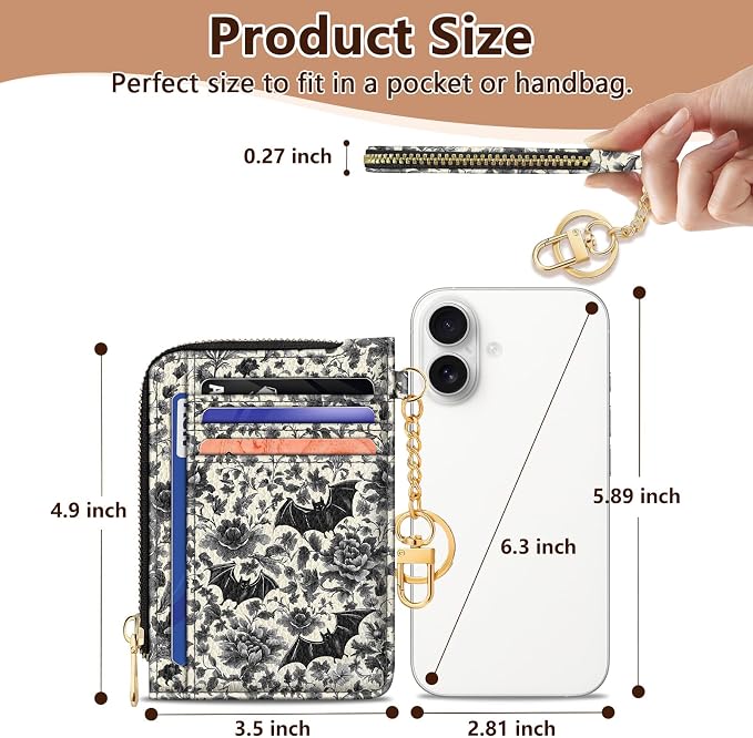 GIANCOMICS Slim Wallet Credit Card Holder Women, Goth Bat Rfid Blocking Small Card Case, Keychain Thin Pocket Curved Zipper Wallet, Travel Card Holder PU Leather ID Window, Ladies Female Gifts