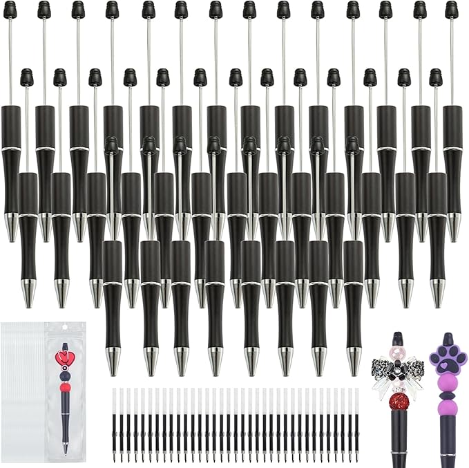 105 Pcs Beadable Pens Bulk Kit, 35 Plastic Ballpoint Pens for Beads with Refills & Bags, DIY Pen Making Kit for Office and School, Craft Gifts for Students & Teachers, Beads Pen Supplies (Black)