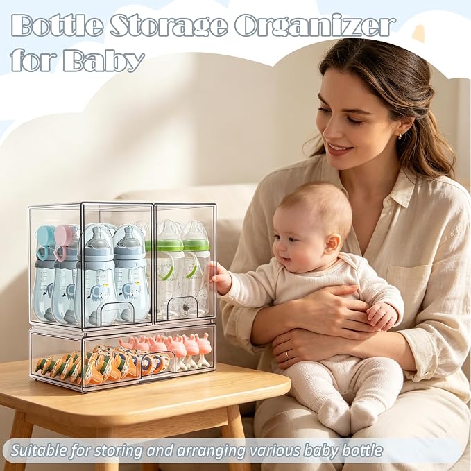 Baby Bottle Organizer with Hooks - 3 Pack Stackable Storage Drawer | Baby Organizers and Storage, Clear Acrylic Multipurpose Bottle Storage for Countertop