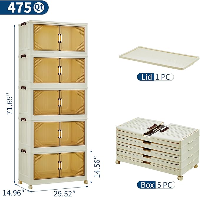Garvee 475QT Stackable Storage Bins, Plastic Bins for Storage with Lids, Plastic Storages Drawers with Magnetic Doors & Wheels, Foldable Collapsible Closet Organizers for Home, Dorm, Office, White