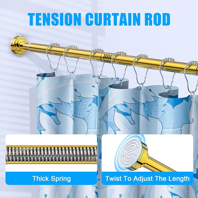 TEECK Shower Curtain Rod, 32-92 inch Adjustable Spring Tension Curtain Rod, Never Rust Anti-Slip Shower Curtain Rod for Bathroom, No Drilling, Never Collapse, Easy to Use, Gold