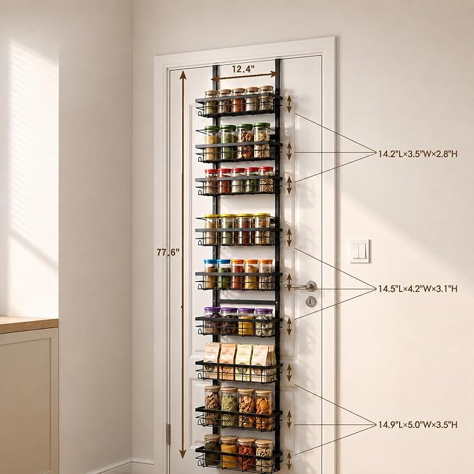 Over the Door Spice Rack 9-Tier Black for Kitchen Pantry | Adjustable 9-tier metal over-door storage rack for kitchen, pantry. Rust-resistant, hooks, suction cups, no-drill.