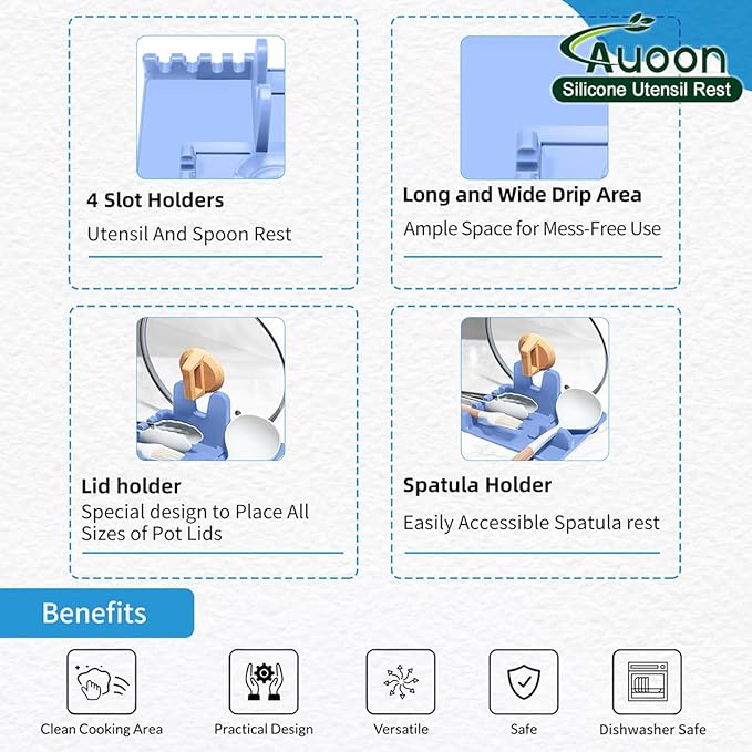 Auoon Silicone Spoon Rest with Lid Holder, 3-in-1 Kitchen Utensil Rest for Soup Ladles, Pot Lids, Spatulas, Spoons, Tongs, BPA Free & Dishwasher Safe, 8.26 x 8.06 Inch (Blue Velvet, Large)