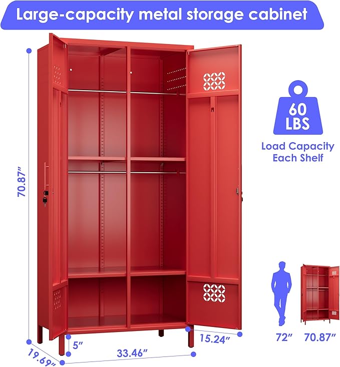 METAN 71" H*33.5" W*20" D Metal Wardrobe Closet with Lock,Extra Deep 2 Doors Metal Wardrobe Cabinet for Home,Assembly Required,Red