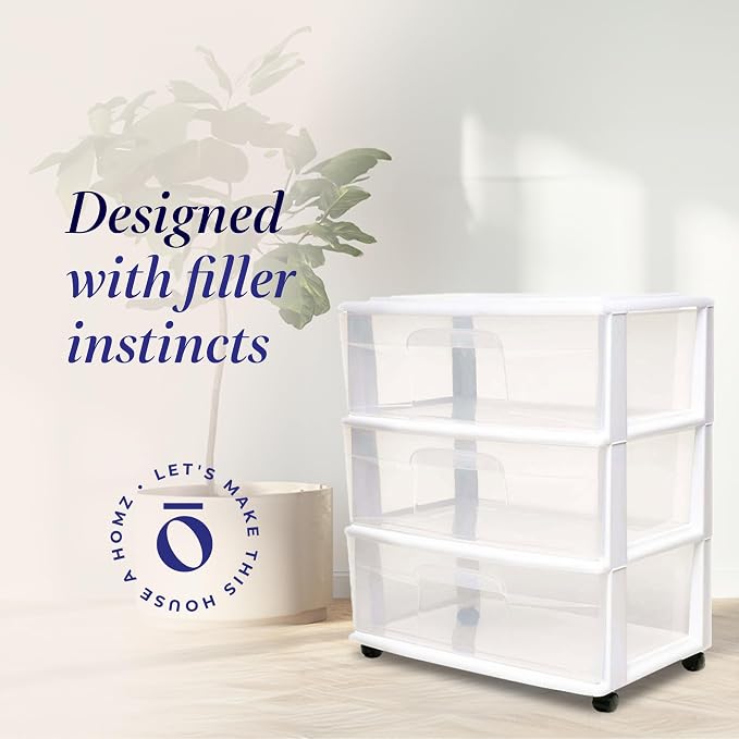 HOMZ Drawer Tower, 3-Tier Wide Rolling Storage Cart with Removable Wheels, White Frame – Plastic Organizer with Clear Bin Drawers for Bedroom, Bathroom, Home Office, and Dorm Room
