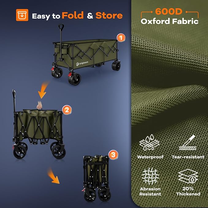 Originsure 48" L Collapsible Wagon Cart Foldable, 560lbs Weight Capacity 300L Heavy Duty Folding Beach Wagons with Big All-Terrain Wheels, Utility Carts for Groceries, Camping, Sports - Green