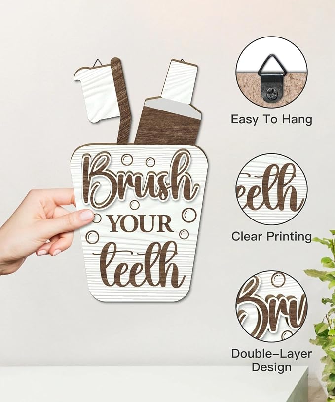 Putuo Decor Bathroom Wall Decor Sign Set Brush Your Teeth Comb Your Hair Wash Your Hands Wooden Wall Hanging for Kids Bathroom Home Restroom Decor