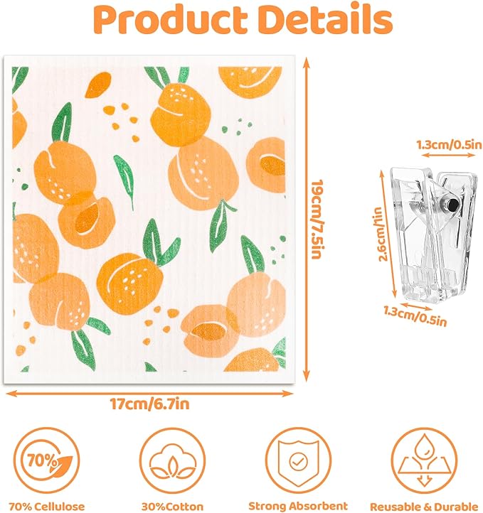 Needbrock 6 Pack Fruit Swedish Dishcloths for Kitchen,Swedish Rags Dish Towels with Clips, Reusable Paper Towels Washable Absorbent Cellulose Sponge Cloths for Countertop Dishes Cleaning