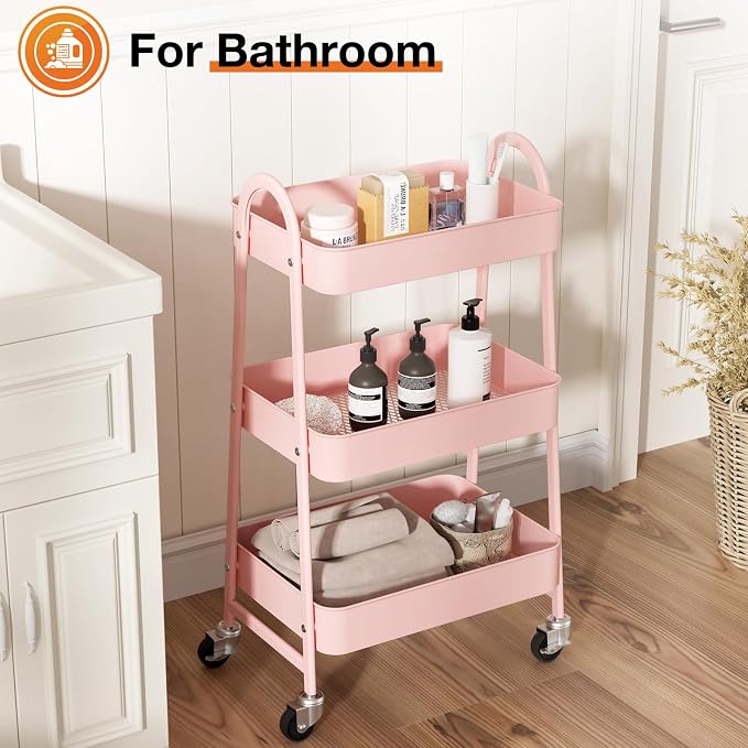NEWBULIG 3-Tier Metal Rolling Storage Cart, Heavy Duty Mobile Utility Organizer Shelf with Lockable Wheels, Multifunctional Trolley for Daily Supplies, Home Indoor Daily Use, Pink