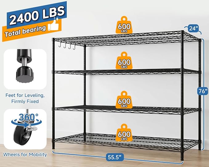 Heavy Duty Garage Shelving with Wheels: 55.5" W x 24" D x 81" H 4 Tier Wire Metal Storage Shelves, Adjustable NSF Commercial Shelf, Rolling Tote Rack Organizer for Pantry, Warehouse, 6PCS