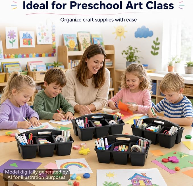 6 Pack Assorted Colors 6 Compartment Classroom Caddy with Handle Portable Plastic Storage Classroom Caddies Organizer for Classrooms Supply Teacher Office Table Desk(Black)