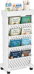5-Tier Rolling Bookshelf Cart with Wheels, White | Slim Mobile Book Cart, Plastic Magazine Rack Rolling File Paper Organizer for Home Office Study Classroom Living Room