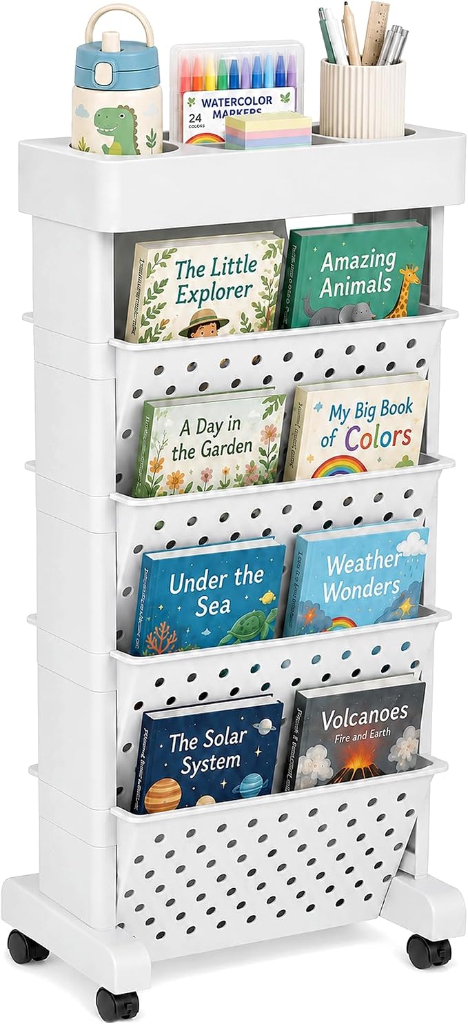 5-Tier Rolling Bookshelf Cart with Wheels, White | Slim Mobile Book Cart, Plastic Magazine Rack Rolling File Paper Organizer for Home Office Study Classroom Living Room