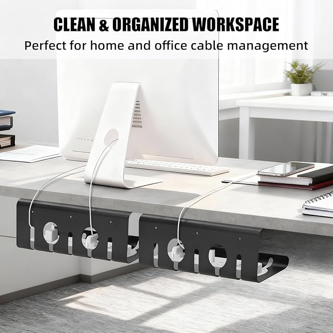 Cord Management Under Desk, 16.5" L x 4.7" W x 6.8" H, 2 Pack Under Desk Cable Tray, Wire Organizer for Power Strip, Tape Mount or Screw Mount, Easy Install Cord Raceway for Desk & Home