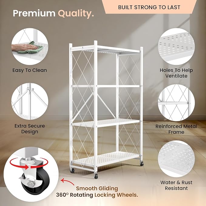 Our Modern Space 4-Tier Foldable Storage Shelf with Wheels | Metal Rack Collapsible Shelving Display | Rolling Cart for Books Kitchen Storage Shelves | Pantry & Closet Organizer | Office Room Decor
