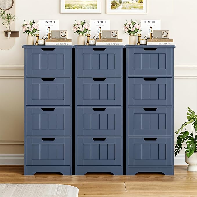 FOTOSOK Bathroom Storage Cabinet, Bathroom Cabinet with 4 Drawers, 11.8” x 11.8” x 32.5” Freestanding Entryway Cupboard Storage Organizer Unit Home Furniture Decor, Blue