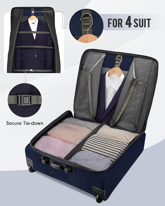 MATEIN Rolling Garment Bags for Travel, Large 2-Wheeled Suit Carrier, Blue | Foldable Travel Suit Bag with Wheels, 2 Packing Cubes, Check-in Suitcase Luggage, For Business Trips, Fits 17.3 Inch Laptop