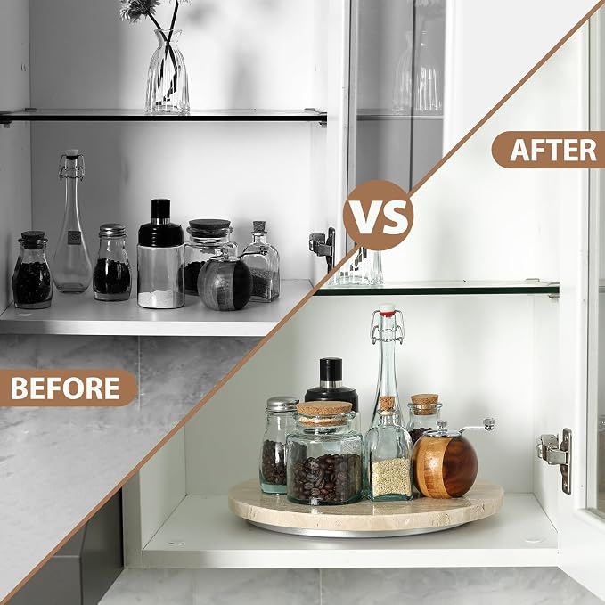Travertine Lazy Susan for Table Top, 12 in Lazy Susan Turntable Organizer for Cabinet Pantry Kitchen Countertop Fridge Bathroom Makeup Vanity Countertop