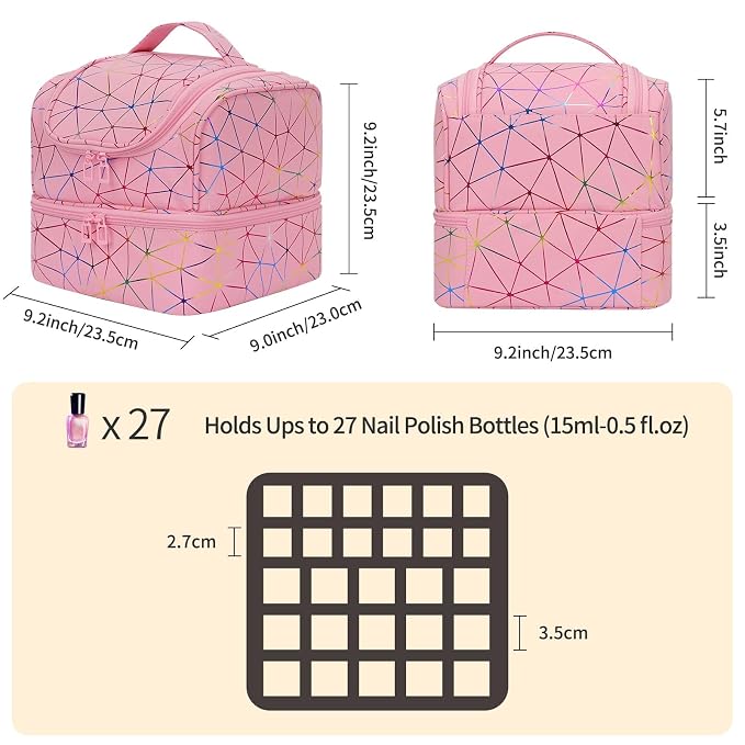 CUBETASTIC Nail Polish Organizer Bag, Double Layer Nail Tech Travel Case Holds 27 Bottles & Nail Lamp, Pink Nail Storage Organizer Box for Supplies, Portable Manicure Case
