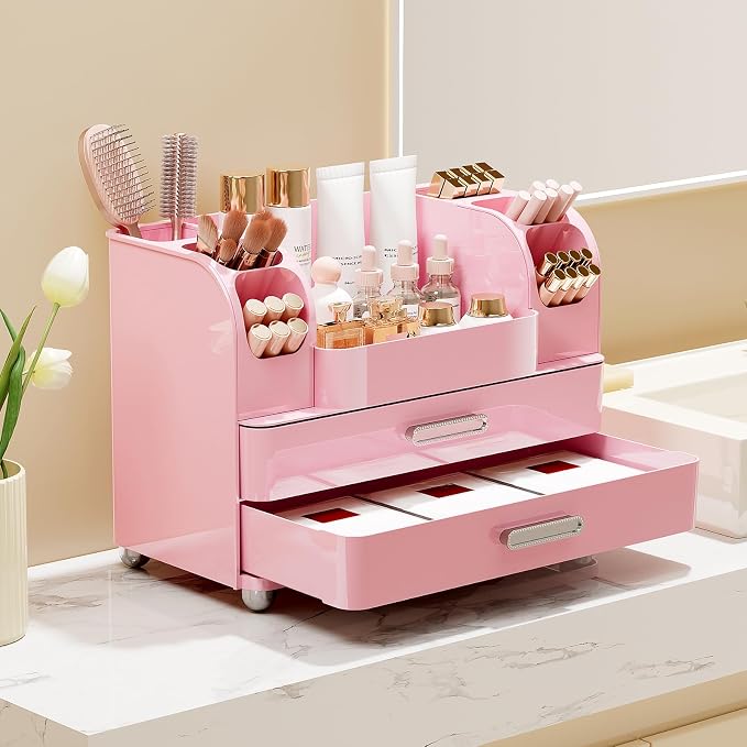 UFORU Makeup Organizer for Vanity with 2 Large Drawers, Cosmetic Display Case with Brush Holders, Easy to Storage for Bathroom Countertop Skincare, Desk Office Supplies, All Pink