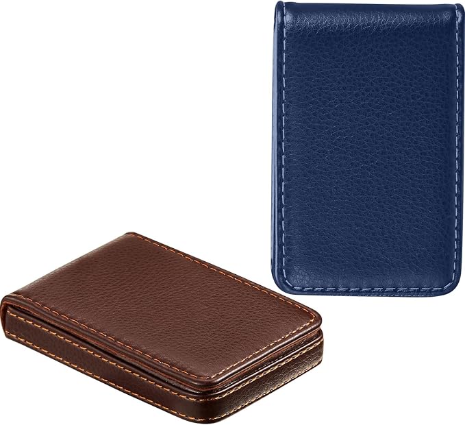 Outus 2 Pcs Business Card Holder, PU Leather Business Card Case Pocket Wallet with Magnetic Shut for Men Women(Coffee and Blue,Classic)