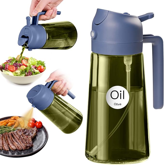 YARRAMATE 16oz/470ml Dark Green Oil Sprayer for Cooking with Stickers, Food-grade Premium 2 in 1 Olive Oil Dispenser Bottle for Kitchen Gadgets, Air Fryer, Salad, Frying, BBQ (Navy)