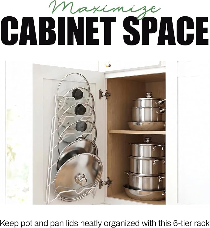 Evelots 6-Tier Pot Lid Organizer for Cabinet Door or Pantry Wall, Set of 2, 6-Slot Pot & Pan Lid Holder Racks, Cabinet & Wall Mounted Kitchen Storage for Glass & Metal Lids, White