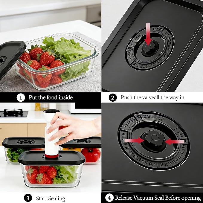 Glass Vacuum Containers for Food Fresh & Save Storage, Made For Compact Vacuum Sealer, 3pcs Mixed Set Small, Medium, Large With Handheld Vacuum Sealer Machine