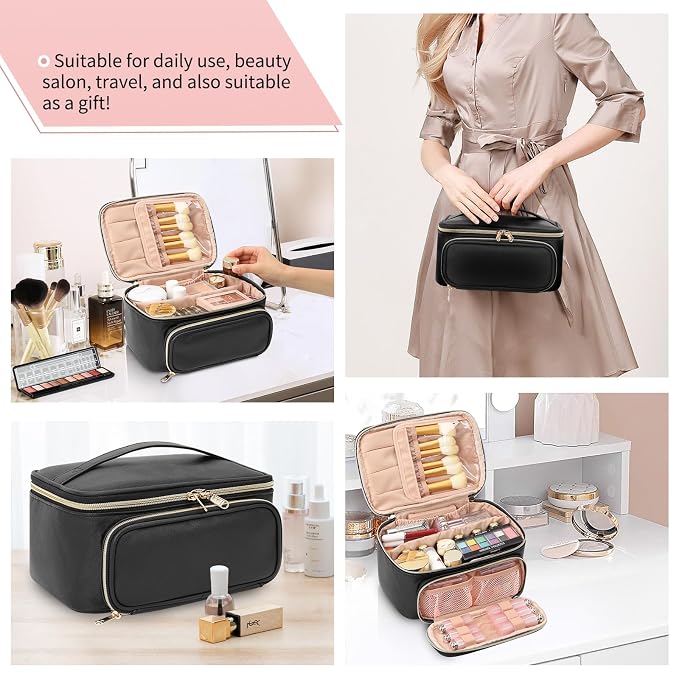 OCHEAL Makeup Bag, Multifunctional Make Up Bags with Zipper Pouch Large Compact Makeup Bag Organizer for Women Girls Cosmetics Toiletry Brushes Storage Makeup Case with Handle Divider-Black