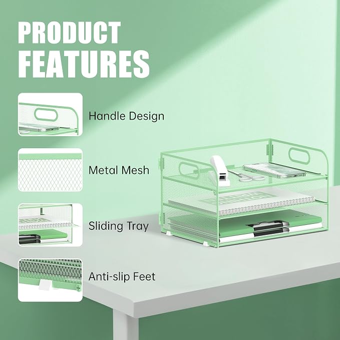 DALTACK 3 Tier Paper Organizer with Handle, Mesh Metal Desk Organizer with Sliding Paper Trays for Letter/A4 Paper, Mail, Bills & Folders, Mint Green