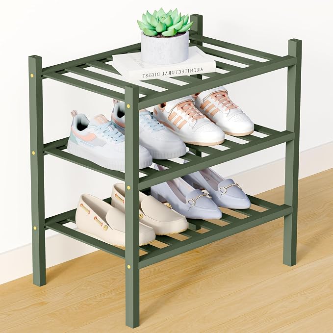 Smiry Bamboo Shoe Rack for Closet, 3 Tier Small Wooden Shoe Organizer, Stackable Wood Shoe Storage Shelf for Entryway, 14 Vertical Slats, One-piece Heavy-Duty Legs, 17.32"x11.02"x18.31", Green