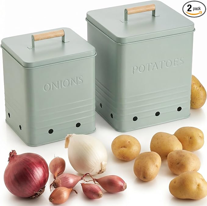 ZICOTO Beautiful Potato and Onion Storage Container Set, 10.1" & 8.9" - Perfectly Sized Spacious Canisters For Your Kitchen Counter Or Pantry - Food Safe Metal Bins Keep Produce Fresh Longer