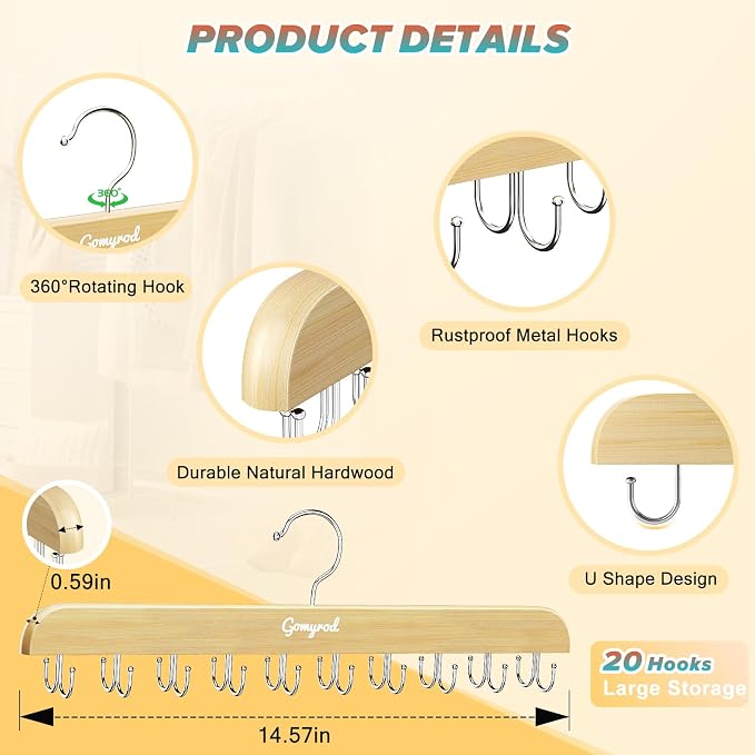 Gomyrod Bra Hanger for Closet, Tank Top Hangers 2 Pack w/20 Hooks Holds 40 Bras, Capacity Foldable Wood Space Saving Hanger, 360°Rotating Closet Organizers and Storage for Dorm & Apartment | Premium Wood Space Saving Hanger, 360°Rotating Closet Organiz...