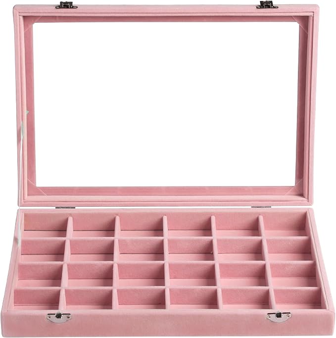 Frebeauty 24 Grid Earring Organizer,Velvet Jewelry Tray with Clear Lid | Drawer Jewelry Organizer for Rings Studs Brooch,Adjustable Divider,Dustproof Design,Earring Storage,Trinket Box,13.8×9.5Inch