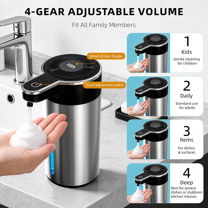 Touchless Automatic Foaming Soap Dispenser for Kitchen, Rechargeable, 13.5oz Large Capacity, Fast Sensor, 4 Adjustable Liquid Levels, Waterproof, Clog-Free Pump(Stainless Steel Foam)
