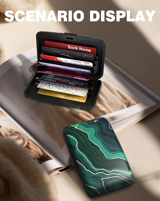 Maicican Credit Card Holder, Mini RFID Blocking Aluminum Wallet | Slim Metal Hard Case Travel Wallet ID Case for Women and Men, 4.3 x 2.9 Inches, Green Marble