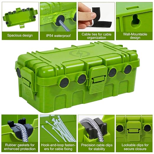 [2 Pack] Outdoor Electrical Box Waterproof, OUTDSPLY Medium Outdoor Electrical Box (11.6x5.2x4.1 inch)w/ 6 Cable Entry, Weatherproof Connection Box for Power Strip, Plug, Timer, Holiday Lights, Green