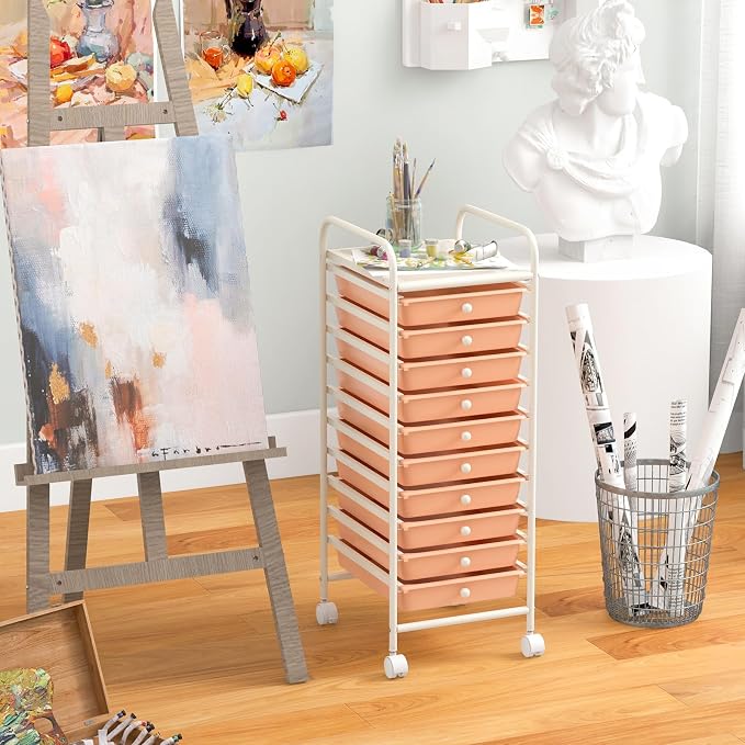 Storage Cart, Rolling Utility Cart with 10 Drawers, Portable Handles & Lockable Wheels, Mobile Paper Toys Storage Organizer Large Capacity for Home Office School Teacher (Peach)